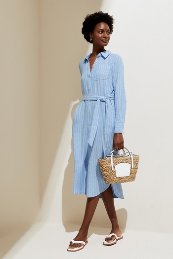 Linen Rich Striped Midi Shirt Dress