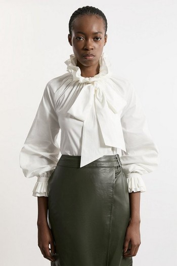 Poplin High Neck Ruffle Neck & Cuff Detail Woven Blouse  from Karen Millen