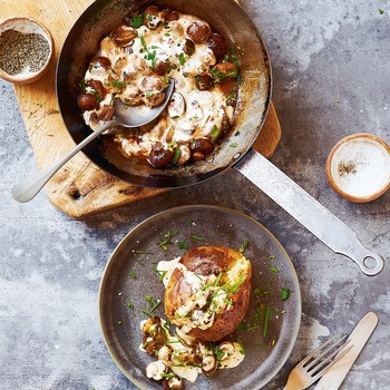 Paprika Soured Cream Mushrooms Topped Jacket Potatoes. 