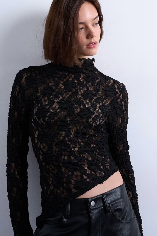 Lace High Neck Long Sleeve Asymmetric Hem Top