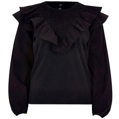 Black Long Sleeve Frill Front Blouse