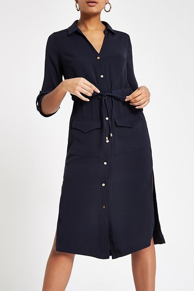 Navy Tie Waist Midi Shirt Dress