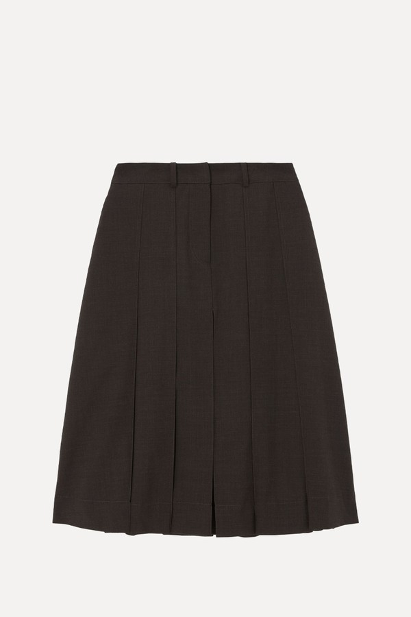  Pleat Detail Wool Blend Midi Skirt
