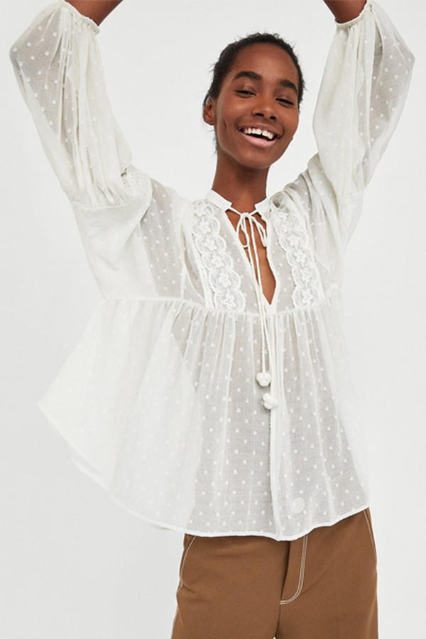 Dotted Mesh Blouse With Lace from Zara