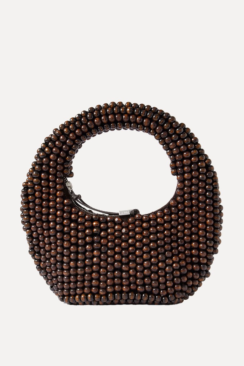 Reef Small Beaded Leather-Trimmed Top-Handle Bag from Staud