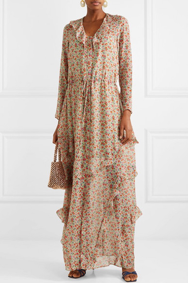 Izzie Ruffled Printed Silk-Georgette Maxi Dress from Saloni