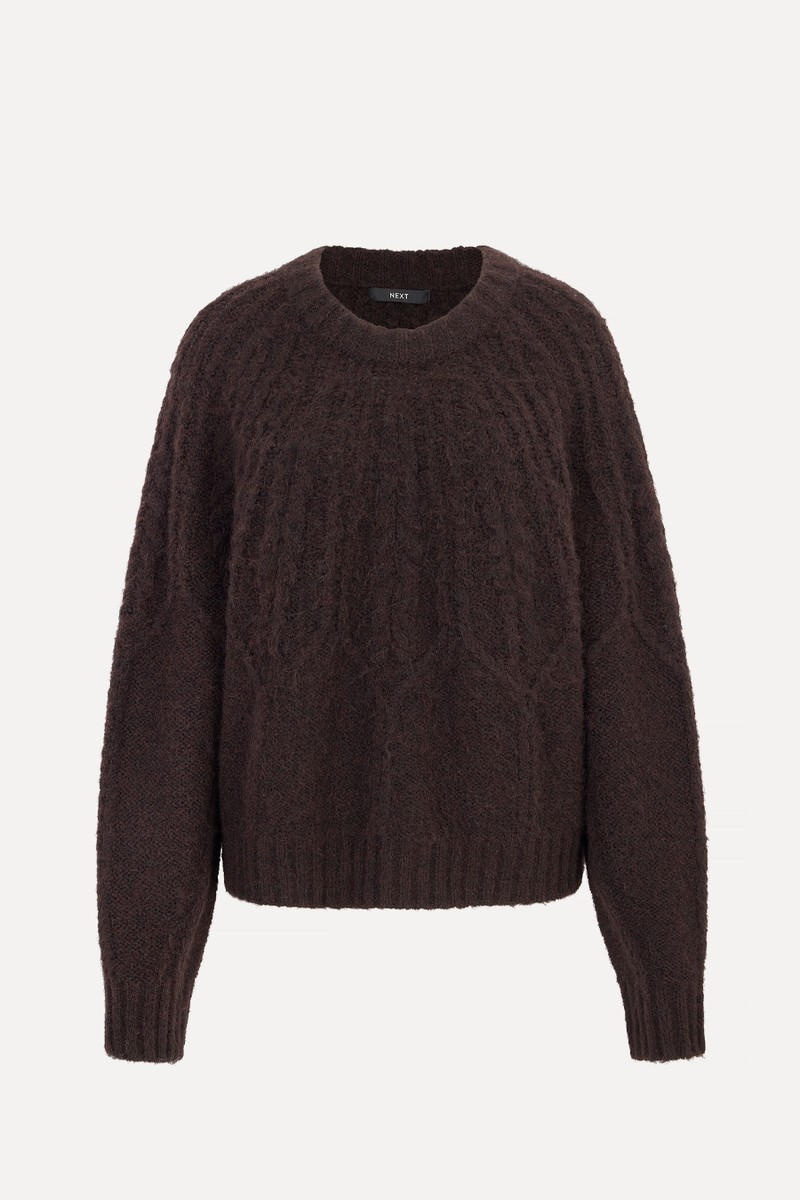 Wool Blend Cable Knit Crew Neck Jumper