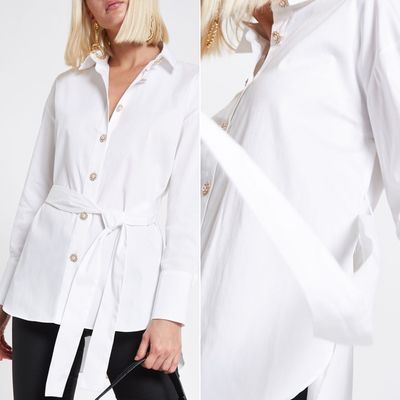 White Tie Front Long Sleeve Shirt