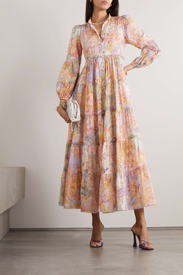 Belted Tiered Printed Cotton-Voile Midi Shirt Dress  from Zimmerman