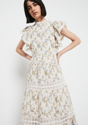 Metallic Floral Dress With Broderie Trim