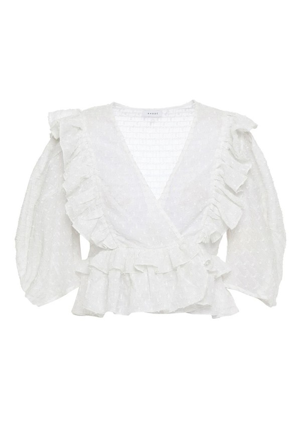 Elodie Cropped Ruffled Fil Coupé Cotton-Blend Wrap Blouse from Rhode
