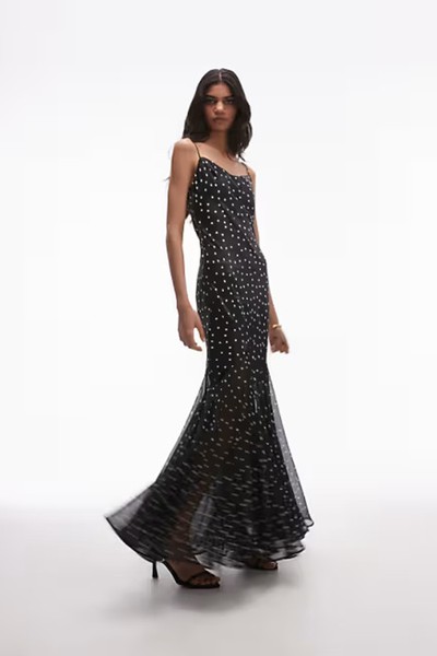 Premium Mixed Fabric Godet Hem Maxi Dress In Mono Spot from Topshop