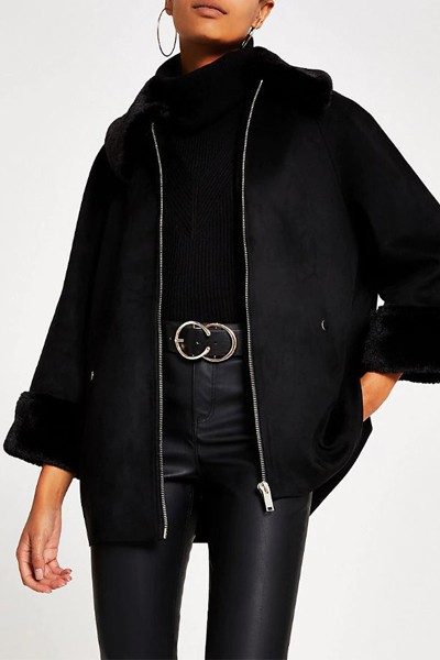 Black Faux Suede Cape Jacket