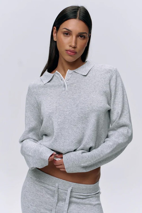 Collar Button Up Knit Crop Sweatshirt from Adanola
