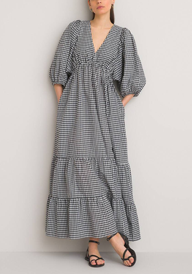 Cotton Tiered Maxi Dress in Gingham Print With Puff Sleeves from La Redoute