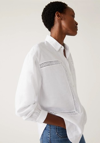 Linen Rich Collared Lace Insert Shirt