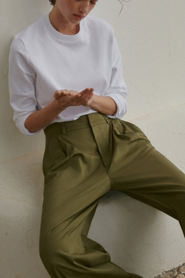 Cotton-Blend Darted Wide-Leg Trousers