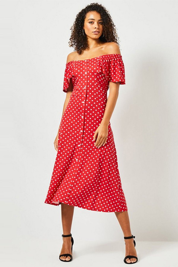 Tall Red Spot Print Bardot Dress