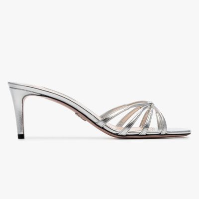 Silver Metallic 65 Criss-Cross Strap Leather Mule Sandals from Prada