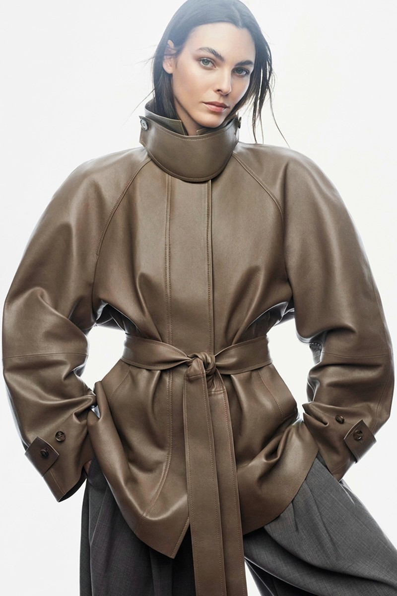 Funnel-Neck Leather Short Trench Jacket from COS
