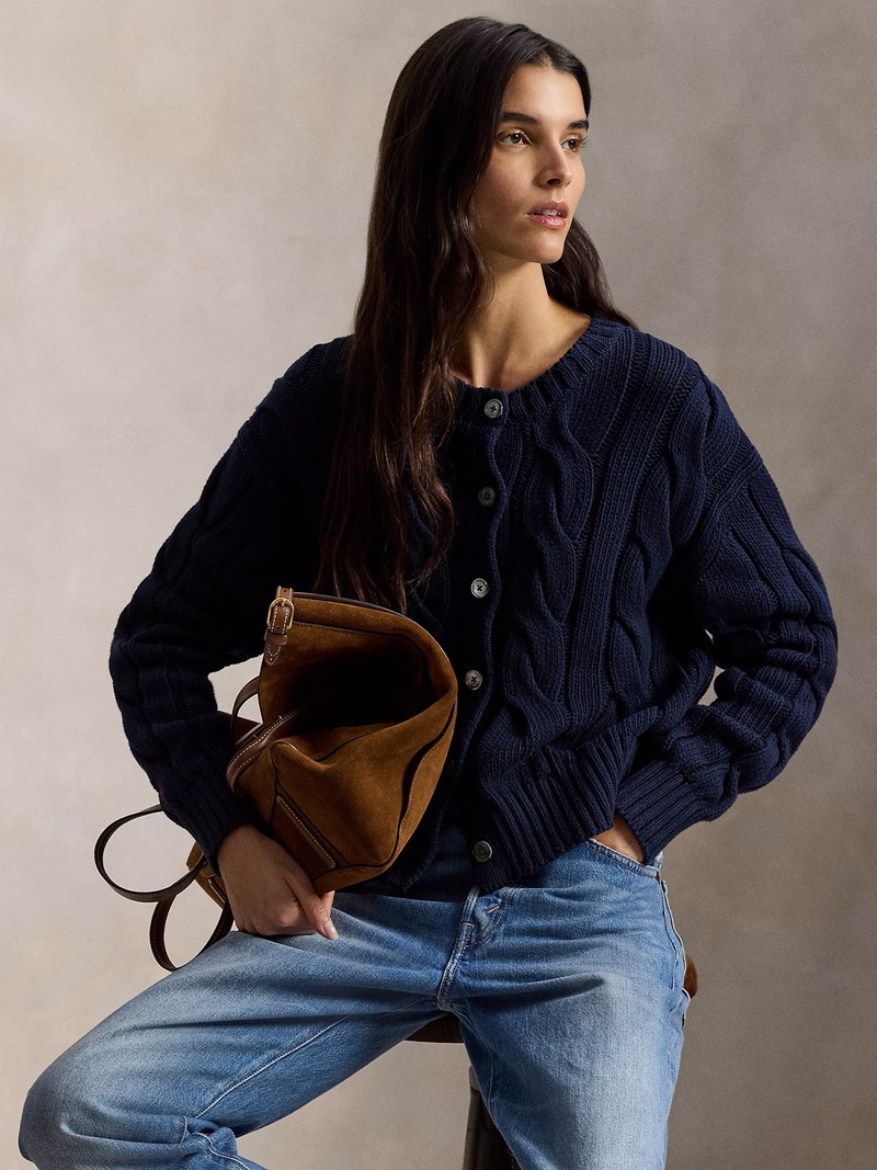 Cable Knit Cotton Crewneck Cardigan