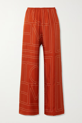 Embroidered Silk-Twill Wide-Leg Pants from Totême