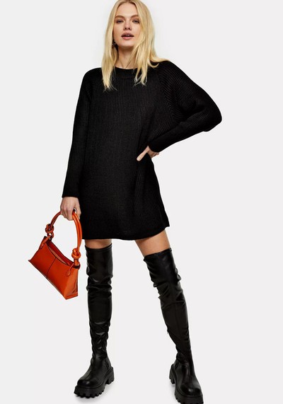 Black Crew Neck Knitted Mini Dress