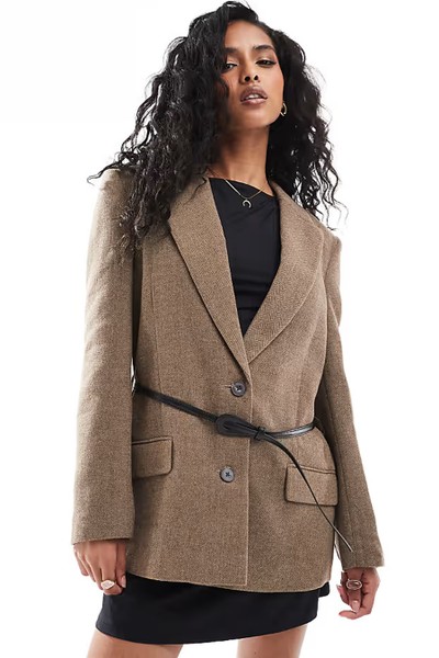 Oversized Strong Shoulder Belted Blazer In Herringbone from ASOS DESIGN