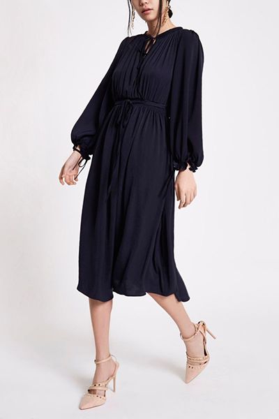 Navy Shirred Waist Swing Dress