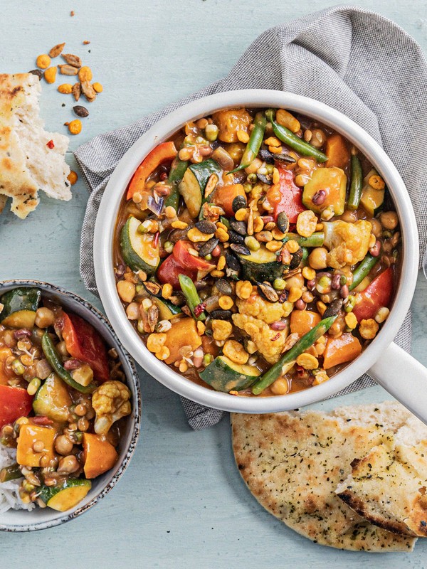 Mixed Veg Curry With Lentil Sprouts & Garlic & Chilli Topper