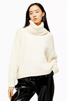 Ivory Knitted Chunky Cable Roll Neck Jumper