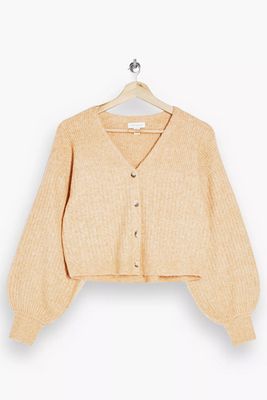 Camel Balloon Sleeve Cropped Knitted Cardigan