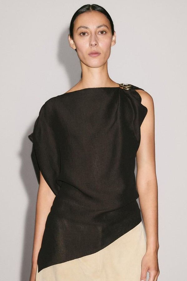 Linen Blend Blouse With Brooch Detail