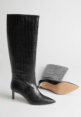  Other Stories Leather Heeled Platform Knee High Boots in Black