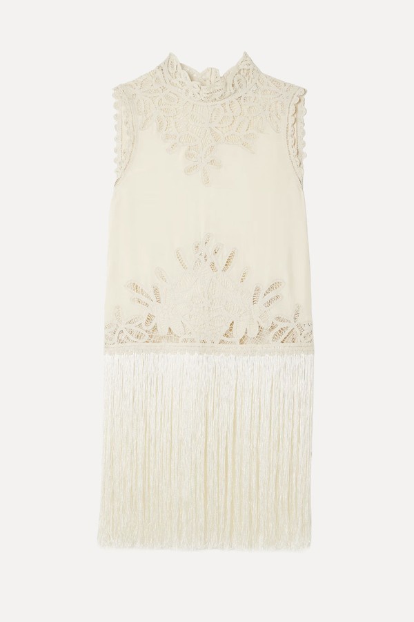 Adelina Tie-Side Fringed Lace-Paneled Woven Top from SEA