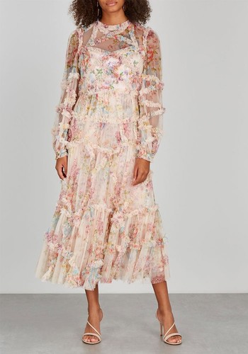 Floral Diamond Ruffle-Trimmed Tulle Midi Dress from Needle & Thread