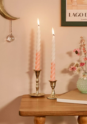 Set Of Two Pink & White Twisted Dinner Candles