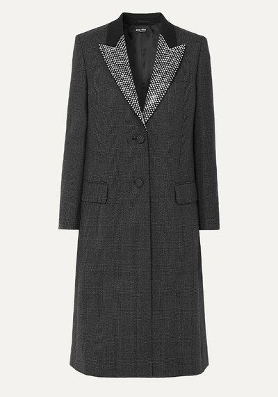 Crystal-Embellished Prince Of Wales Checked Wool Coat from Miu Miu