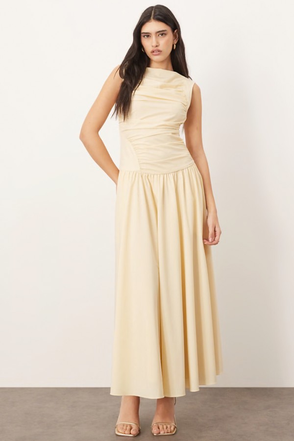 Poplin Ruched Detail Drop Waist Midi Dress