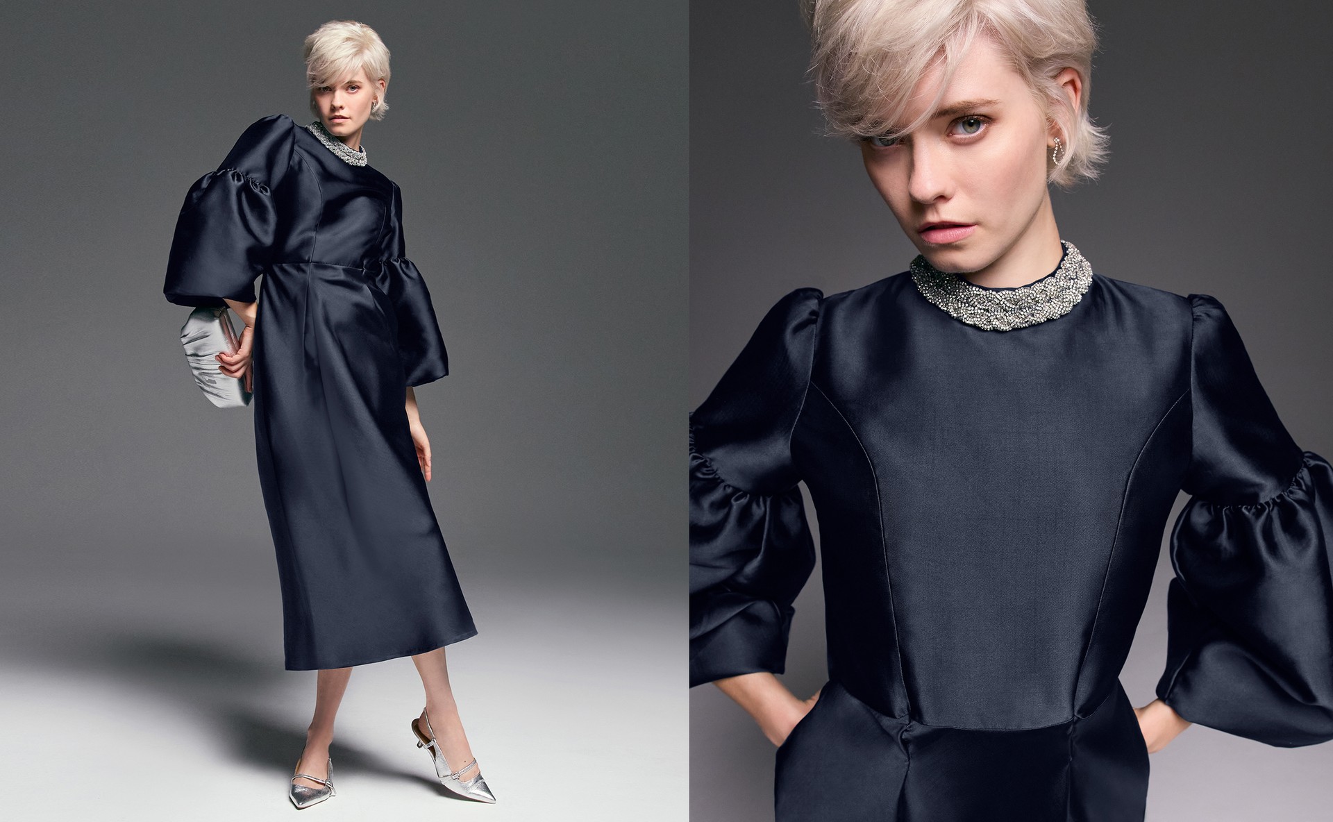 Audrey Jewelled Neck Navy Midi Dress