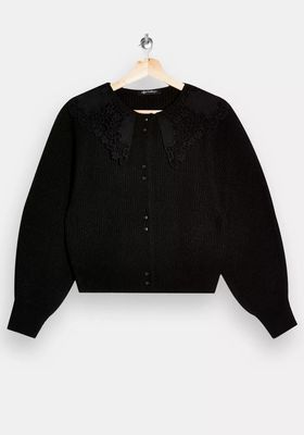 Black Crochet Collar Knitted Cardigan
