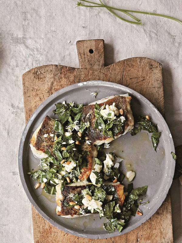 Cod With Feta, Wild Garlic And Pine Nuts