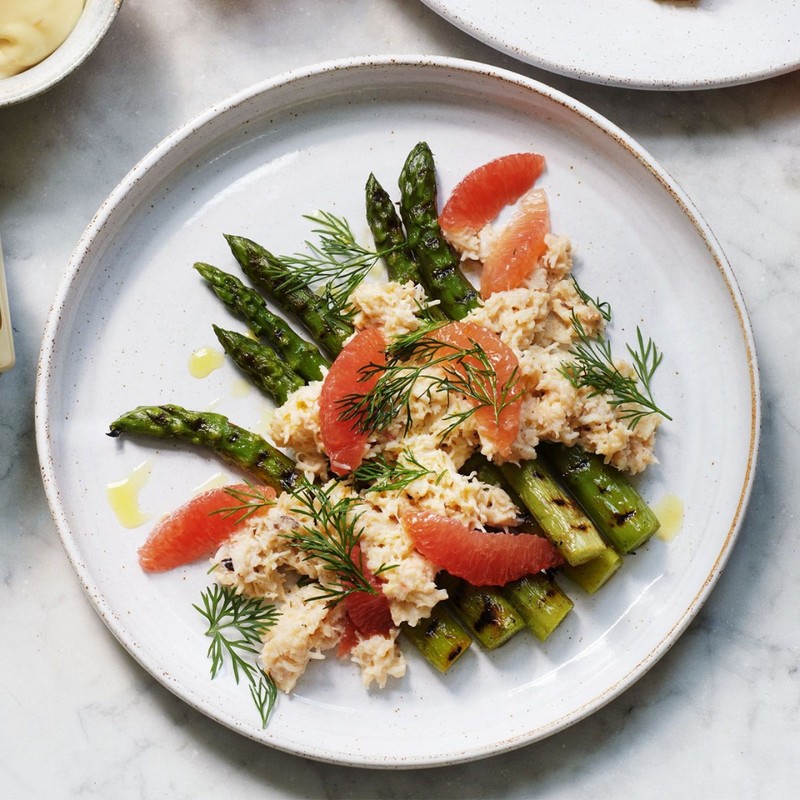 James Cochran’s Chargrilled British-Grown Asparagus, Grapefruit & Picked White Crab, Served With Maille Hollandaise