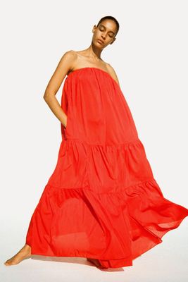 Strapless Tiered Organic Cotton & Silk-Blend Poplin Maxi Dress from Matteau