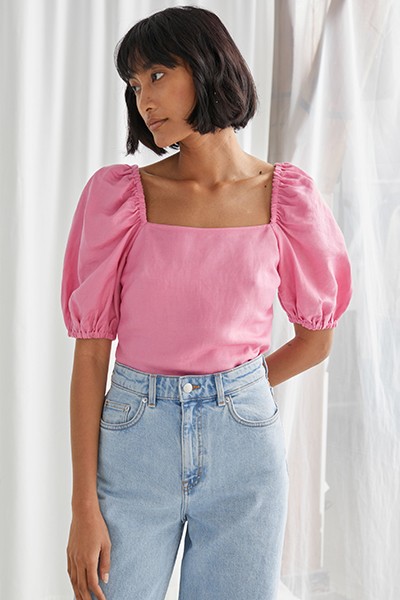 Linen Blend Puff Sleeve Top