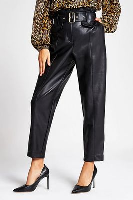 Black Faux Leather High Waist Belted Trousers