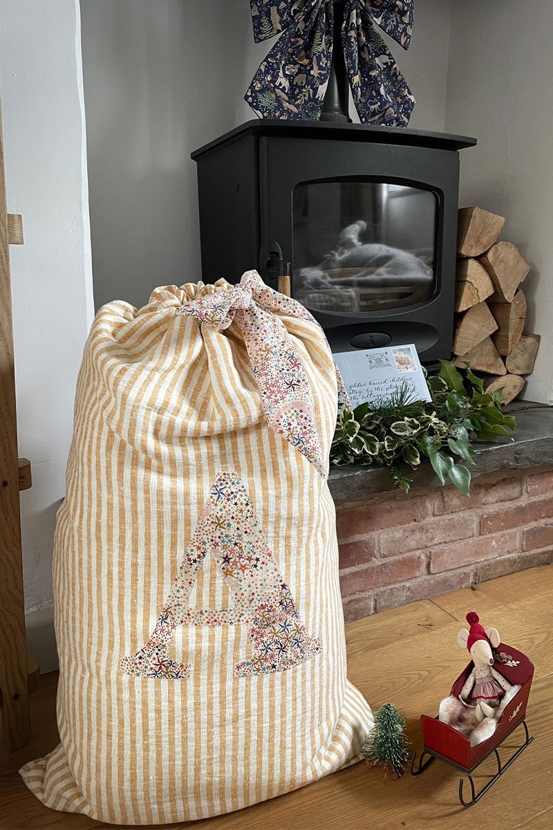 Gold Striped Linen Liberty Personalised Christmas Gift Sack from Cece & Bear