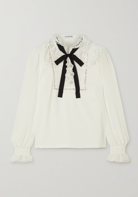 Pussy-Bow Embellished Lace-Trimmed Crepe Blouse from Self-Portrait