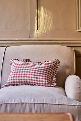 Tilly Gingham Frill Cushion, Blush Red from Rowen & Wren