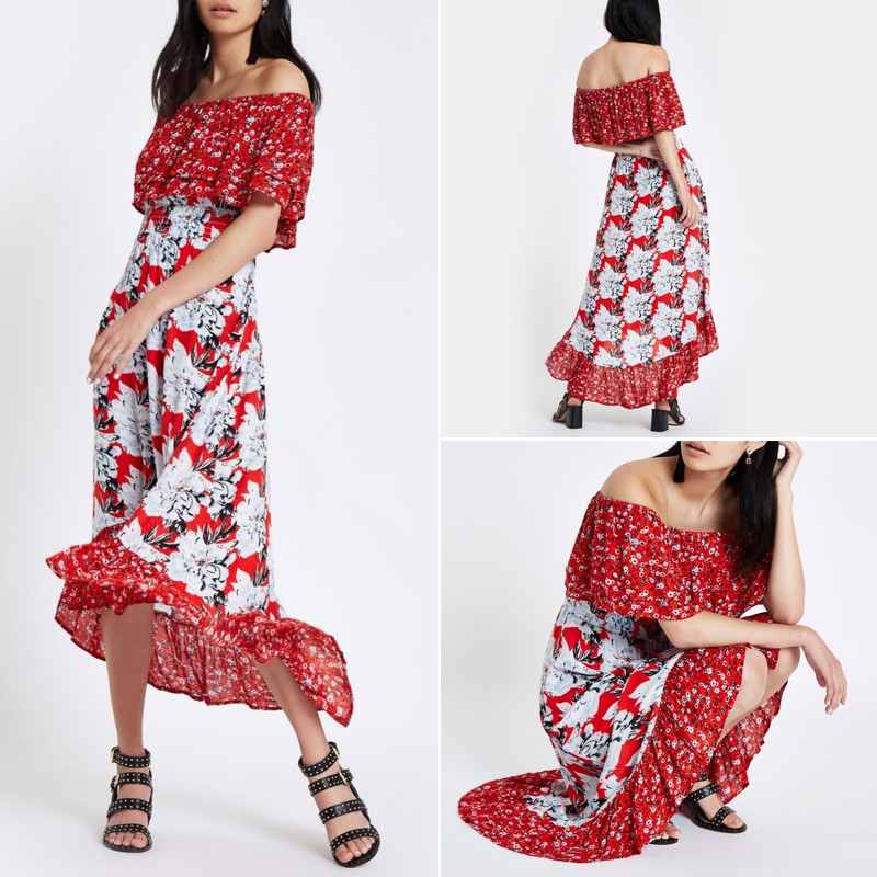 Red Floral Print Bardot High Low Maxi Dress